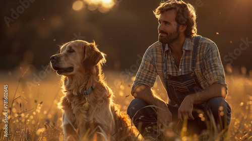 male person sitting with his dog in a field at sundown