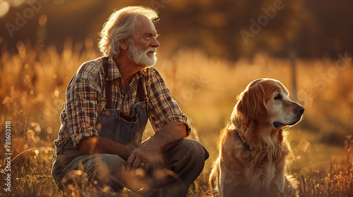 male senior sitting with his dog in a field at sundown