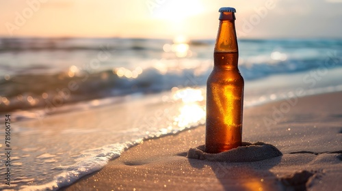 Close up view of beer bottle in the sand on the beach against beautiful sea, soft light