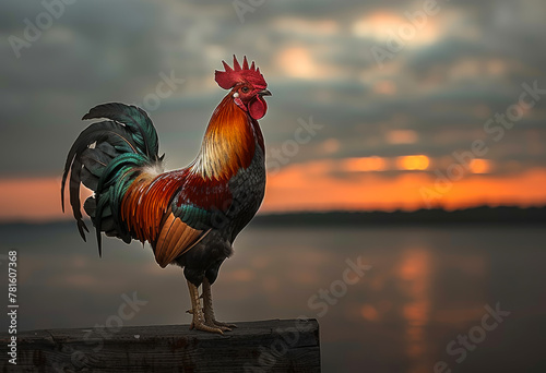Rooster standing on wooden post with sunset in the background