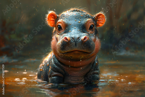 Baby hippo in the water. A baby hippopotamus