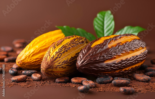 Cocoa pod beans and cocoa powder on brown background