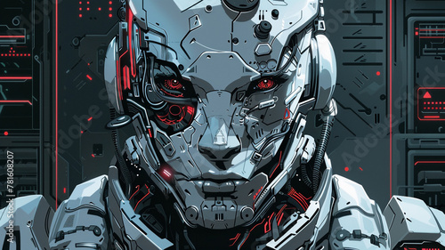 A cybernetic mercenary graphical vector face with cybernetic enhancements and combat gear, hired for missions in a high-tech world.