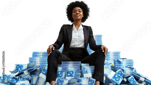 Rich Black woman boss in her 30s wearing black suit sitting on pile of Nigerian naira notes, more stacks of money around her against transparent background, sitting on a throne made of cash, feminine