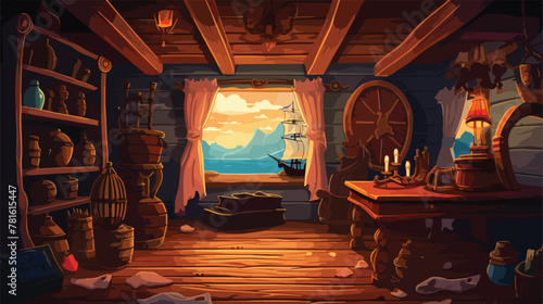 Old pirate ship inside at sunset. Wooden boat capta