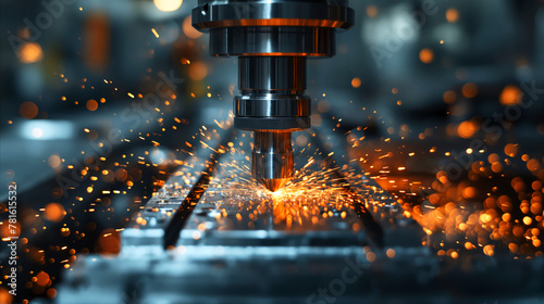 precise process of a CNC machine in action, carving into a piece of metal. The bright sparks flying dramatically emphasize the power and precision inherent in modern manufacturing technology.