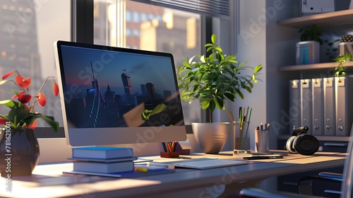 Modern Office Desk with Computer and City View at Sunset