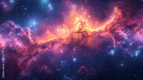 Cosmic background with bright multicolored stars and celestial bodies..