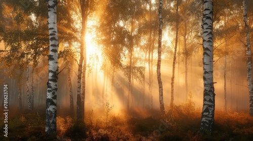 Birch grove in the mist, illuminated by the rays of the rising sun. AI generative.