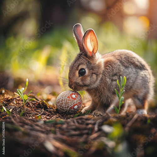 Young Rabbit with a Painted Easter Egg in Forest Ground Cover
