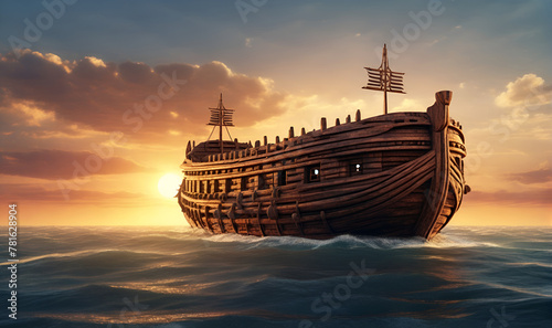 An ancient, huge ship like Noah's Ark floats on the waves.
