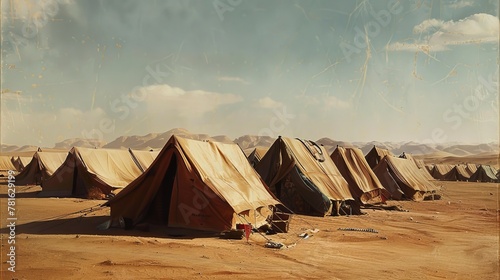 Encampment of tents in the vast, sandy realm of the Moroccan Sahara.