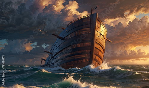 An ancient wooden ship sails the waves.