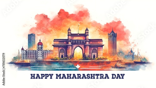 Happy maharashtra day card watercolor illustration.