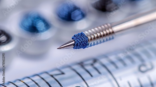 On a white background, a steel sewing needle with blue thread is close-up isolated on steel