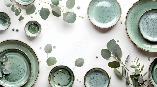 Empty green ceramic plates with decorations 
