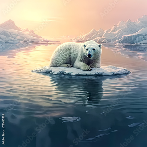 A polar bear stands on a rocky shoreline in front of a large body of water. The bear is surrounded by a painting of the ocean and the shoreline, creating a sense of depth and immersion