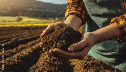 farmer hands hold soil to check the quality of the soil in the field