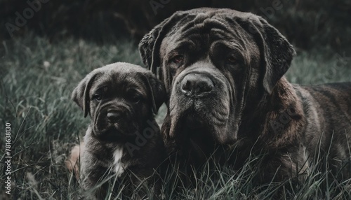 a mastiff dog and puppy in grass