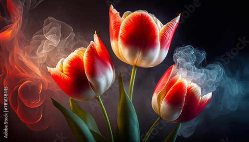 Wiosenne kwiaty, czerwone tulipany. Tapeta kwiatowa. Dekoracja ścienna. Bukiet kwiatów tulipanów. Abstrakcyjne kwiaty