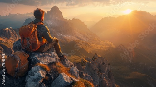 A man with backpack sitting on top of a mountain looking at the sun, AI