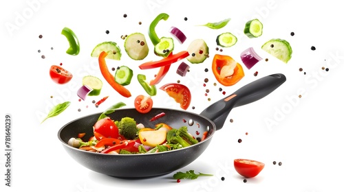 Fresh vegetables fly in a pan on a white background. Cooking with various chopped vegetables in a pan. The concept of healthy eating and diet.