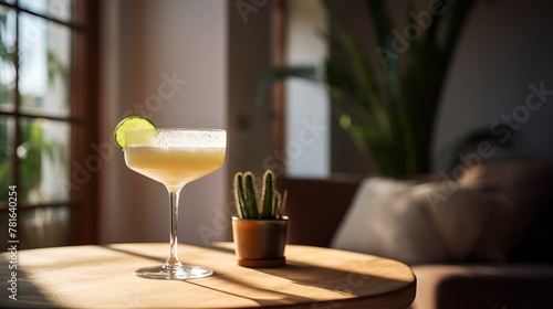 A cocktail with a lime garnish on a table in a sunlit room