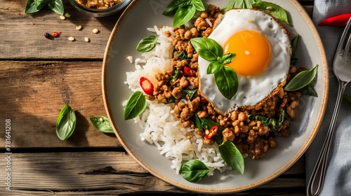 Thai food classic Pad Kra Pao presented for commercial dining, complete with spicy chicken, basil, rice, and egg.