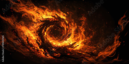 A swirling vortex of fire, set against a dark background with sparks flying around it.