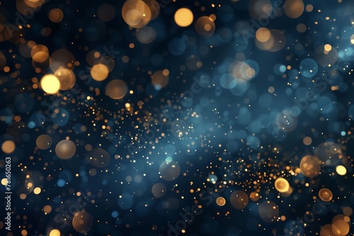 Abstract navy blue background with shimmering gold particles, bokeh effect, and foil texture