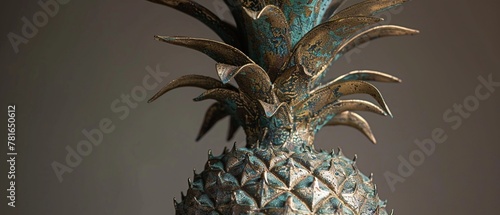 Bronze pineapple with verdigris accents, twilight, soft focus, eye-level, antique allure.