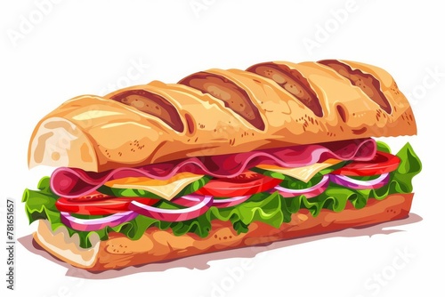 Italian sub sandwich with meats, cheese, veggies and dressing on baguette, delicious lunch illustration