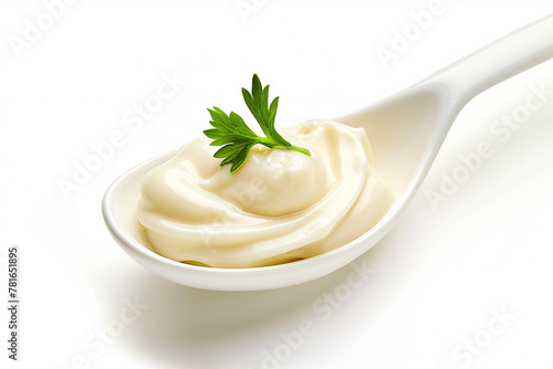 Homemade mayonnaise sauce decorated served on wooden spoon, white background isolated.