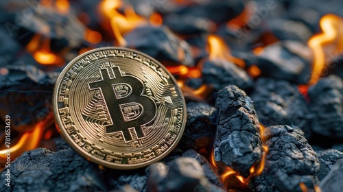 Bitcoin tokens on burning coals representing cryptocurrency risks, soft tones, fine details, high resolution, high detail, 32K Ultra HD, copyspace