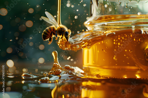 A bee with liquid honey coming out of a glass bottle