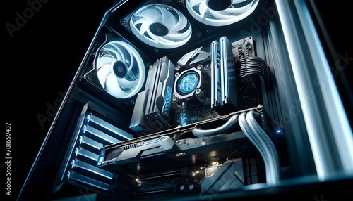 Inside view of a high-performance PC with a complex water cooling system and multiple LED fans.