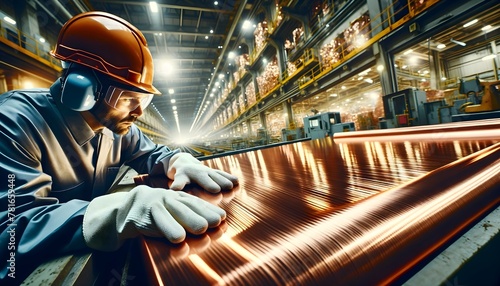 An attentive worker in a hard hat and earmuffs closely examines a shiny copper sheet moving on an industrial conveyor.