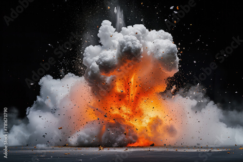 A large explosion is depicted in the image, with a lot of debris and smoke