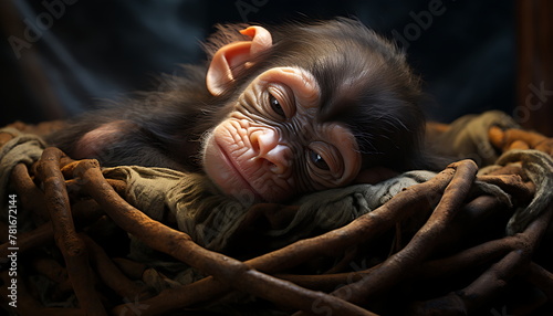 a little chimpanzee resting in a bed of hay, ai generative