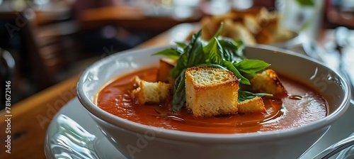 A close-up of a bowl of creamy tomato soup, garnished with a swirl of basil-infused oil and croutons, presented in a modern porcelain bowl