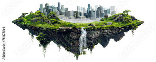 3d illustration modern city skyscrapers floating with beautiful landscape waterfalls on the patch of land, isolated on white background, png