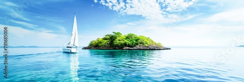 Idyllic Sailing by a Tropical Island. A sailboat near a lush green island in the midst of a calm blue sea under a clear sky.