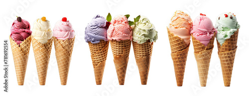 Ice Cream Cones with Various Flavors Isolated on White and Transparent Png Background