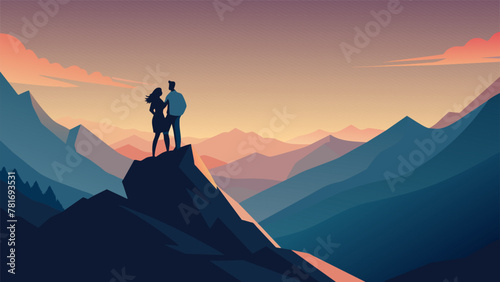 A couple embrace on the rocky peak of a mountain their silhouettes outlined against the vibrant sunrise. They have conquered the challenging