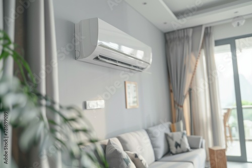 A white air conditioner is mounted on the wall above a couch. Summer heat concept
