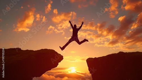 Silhouette of Enthusiastic man jumping between two cliffs of mountain , success and freedom concept , sunset ,clouds ,Achieving goals, working hard