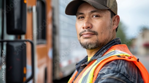 A portrait of a delivery truck driver capturing the moment they put on their highvisibility vest and fasten their seatbelt before setting off on their route. The background shows the .