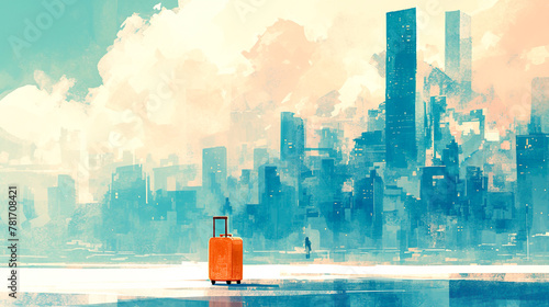 都会の高層ビル群の背景とスーツケースの水彩イラスト