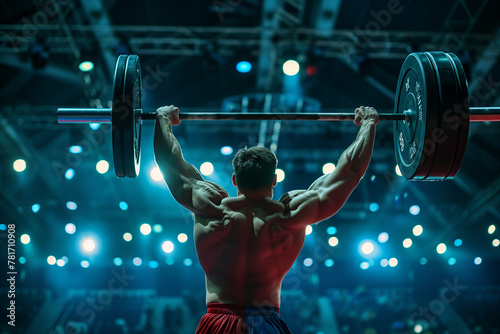 Weightlifter performing barbell raised high during competition in stadium with spotlight. 3D Animation cartoon. Practicing powerlifting. Workout exercises. Generative AI 