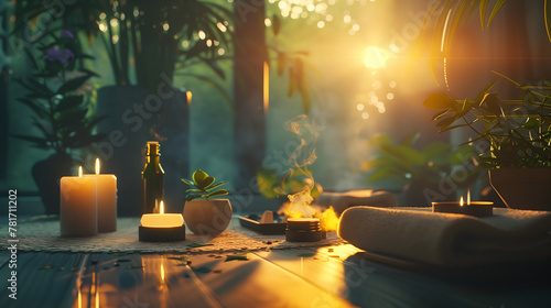  peaceful spa setting with candles incense and plants atmosphere for relaxation in the evening. a small table holding essential oils bottles and another bottle containing sandalwood oil on top of it